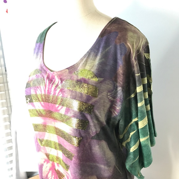 Heart of Gold by One World Green and Purple Orchid Top w Gold Heart Size Large - Picture 3 of 7